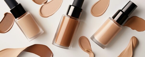 Obraz premium Bottles of makeup foundation and cushion,Collection of skin foundation bottles in different shades and samples on color background,makeup essentials,Cushion Foundation liquid and swatche,copy space.