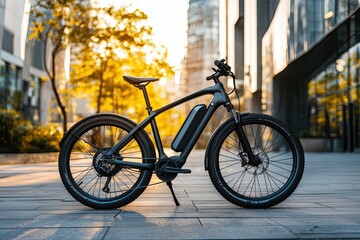 Modern electric bicycle in front of the modern office building. Business and transportation concept