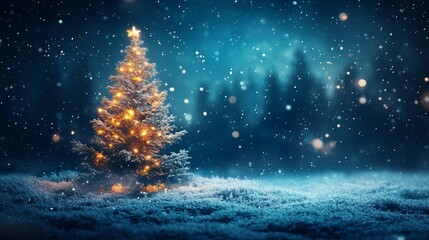 A magical winter wonderland, christmas tree glows with festive lights in the snow