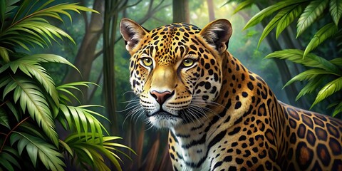 Naklejka premium Macro jaguar in jungle leaves painting style