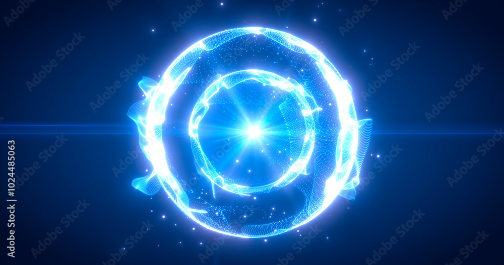 Poster abstract glowing sphere made of particles, dots and waves in blue color, digital technology backgrou