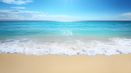 Fototapeta premium Tranquil blue waters meet golden sands, a serene beach scene on sunny day