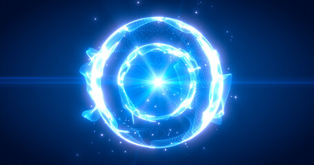Abstract glowing sphere made of particles, dots and waves in blue color, digital technology background...