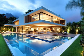 Fototapeta premium A striking modern mansion with cantilevered upper levels, featuring expansive glass walls