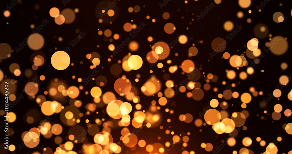 Poster abstract background with golden particles, golden light with particles shining bokeh on dark backgro