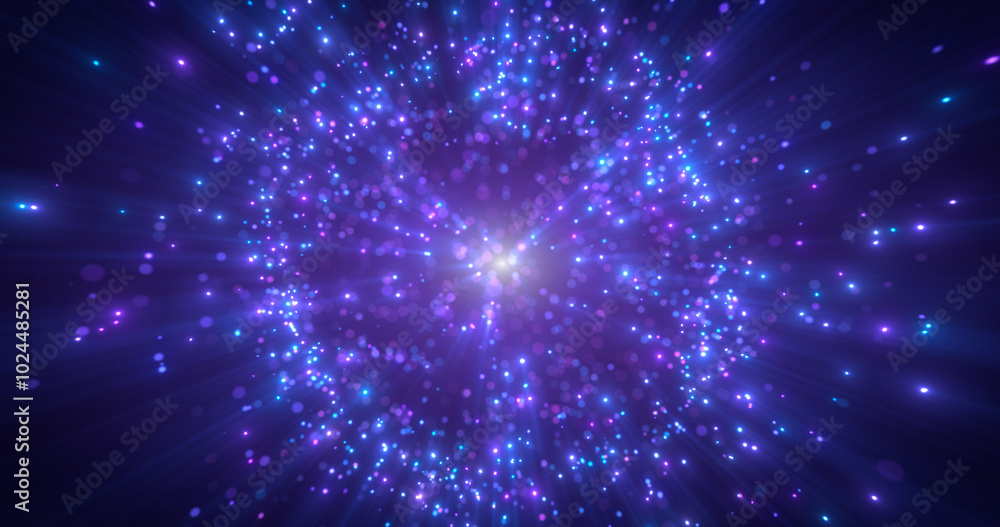Poster abstract glowing sphere consisting of particles, dots and waves of purple and blue color, digital te