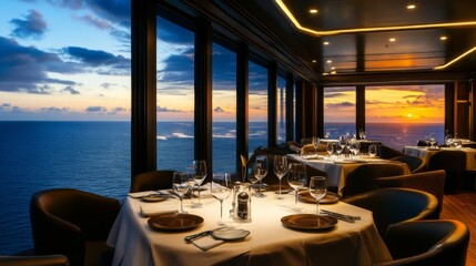 Fototapeta premium Sunset Dinner Table with Ocean View from a Luxury Yacht