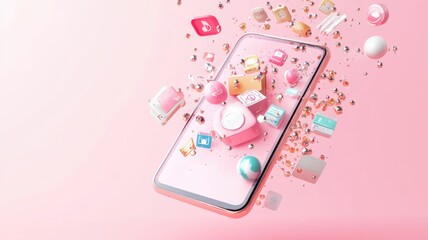Abstract 3D model of a smartphone with exploding icons of shopping, discounts and digital payment solutions, pastel theme