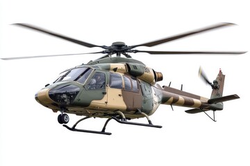 A tactical helicopter in flight, featuring a rugged, desert camouflage paint scheme. The helicopter