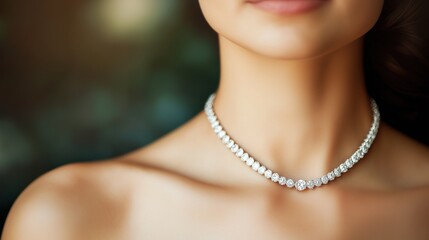 beauty, people and jewelry concept - beautiful young woman wearing shiny diamond pendant