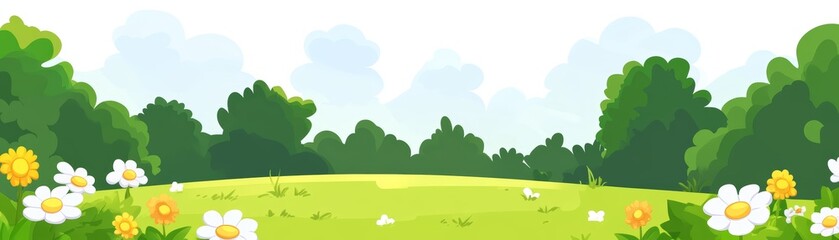 Obraz premium Idyllic summer meadow, a breathtaking vista of flowers, trees, and azure sky scenic