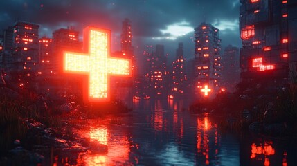 Fototapeta premium Virtual Health Symbol Glow in Futuristic Cityscape