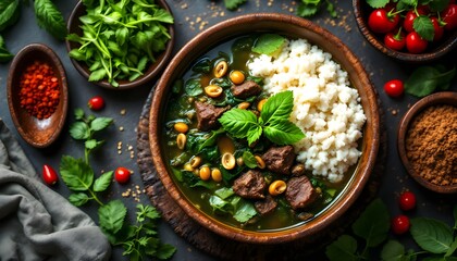 Traditional Afang Soup Served with White Rice and Garnishes (Efik Cuisine)