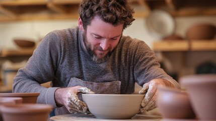 image of male craftsman working on potters wheel at pottery studio