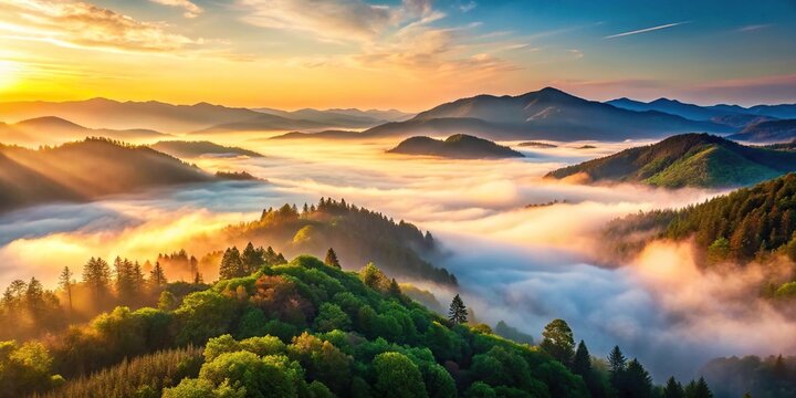 Macro mountain landscape with forested hills and fog in valley at sunrise