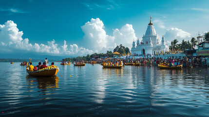 Naklejka premium The atmosphere of Kolayat Fair on the shores of Kolayat Lake, thousands of people gather to pray and take a holy bath, small boats filled with flower offerings on the water, Ai generated images