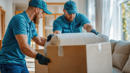 Two movers lifting sofa in living room during house move