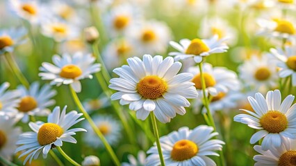 Fototapeta premium Macro of white chamomile flowers blooming in field with blurred background