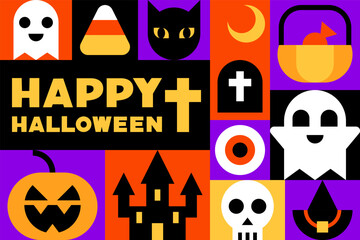 Colorful Happy Halloween Poster With Halloween Elements Icons
