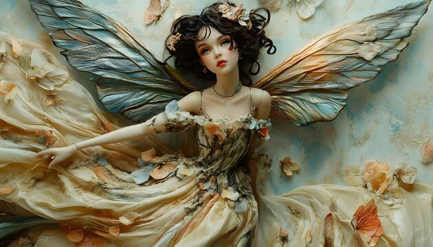 Ball jointed doll dressed as a beautiful fairy in an elegant, flowing dress with wings