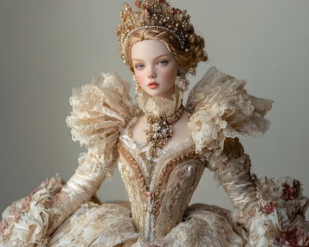 Ball jointed doll wearing a beautiful and elegant queen s gown with intricate lace details