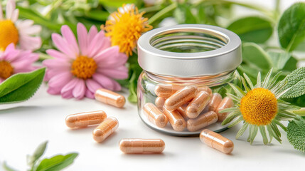 A jar of herbal supplement capsules surrounded by fresh flowers and leaves, promoting immune support and overall wellness. These plant-based capsules enhance vitality, digestion, and daily health.