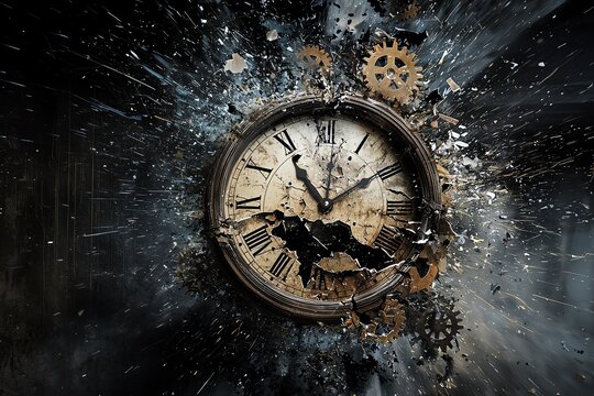 Vintage clock bursting with gears on a dark, explosive background.