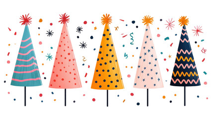 Colorful party hats in various designs on a festive background, perfect for celebrations.