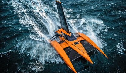 Orange racing trimaran sailing fast in rough sea