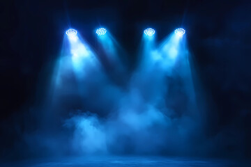 Illuminated stage with scenic lights and smoke. Blue vector spotlight with smoke volume light effect on black background. Stadium cloudiness projector,