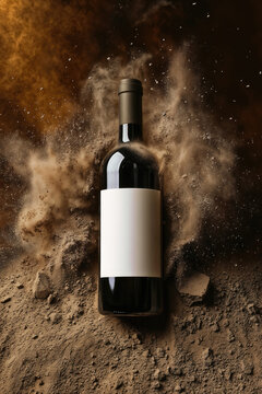 Wine bottle exploding with dust cloud and blank label