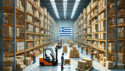 Obraz premium Workers and forklifts organize boxes in a large Greece warehouse, reflecting logistics, commerce, and efficient supply chain operations