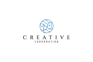 Fototapeta premium fish logo with waves in circle shape in blue line art design style
