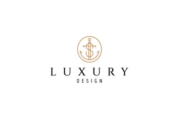 sailor ship anchor logo with letter S combination in line art design style