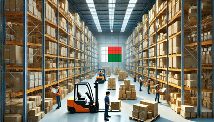 Obraz premium Workers and forklifts organize boxes in a large Madagascar warehouse, reflecting logistics, commerce, and efficient supply chain operations