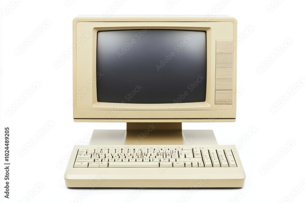Poster a vintage computer monitor with a beige casing and a bulky frame, connected to a matching