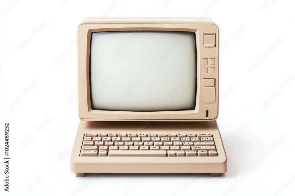 Poster a vintage computer monitor with a beige casing and a bulky frame, connected to a matching