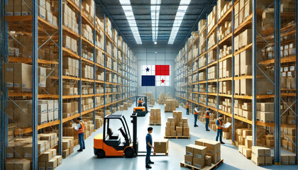 Obraz premium Workers and forklifts organize boxes in a large Panama warehouse, reflecting logistics, commerce, and efficient supply chain operations