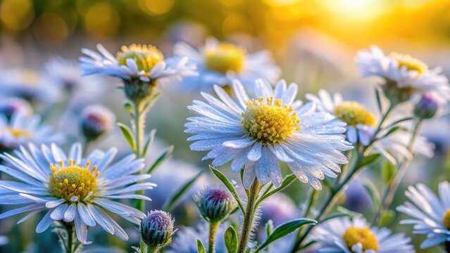 Macro photograph of frost aster flowers with yellow centers and a field of grass and flowers in the background creating a blurry bokeh effect