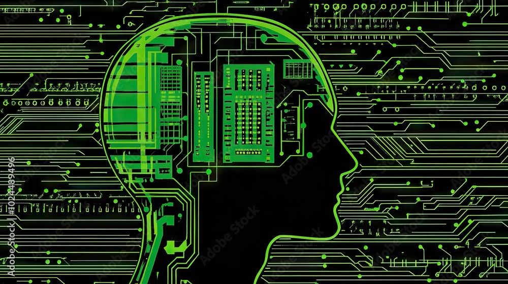 Poster human head silhouette with electronic circuits embedded, representing the connection between human c