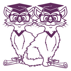 2 Cat Nerd School Certificate College Success Geek Friends sitting two Team Isolated Vector Graphic Design Illustration