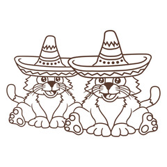 2 Cat Mexican Sombrero Culture Friends sitting two Team Isolated Vector Graphic Design Illustration