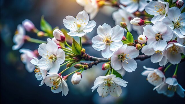 Macro photograph of snow white cherry blossoms against a dark background