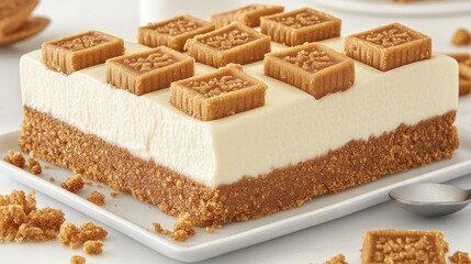 Layers of creamy Biscoff cheesecake on a bright colored plate with a spoon, set on a clean white background, perfect for food advertising.