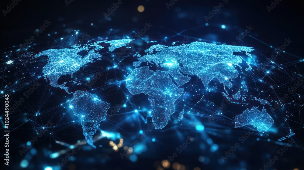 Poster a digital representation of a connected world map with glowing nodes and lines.