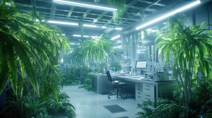 Fototapeta premium Modern lab interior with herbs and plant samples on the workbench, scientific instruments nearby, highlighting the study of plant-based science and innovation.