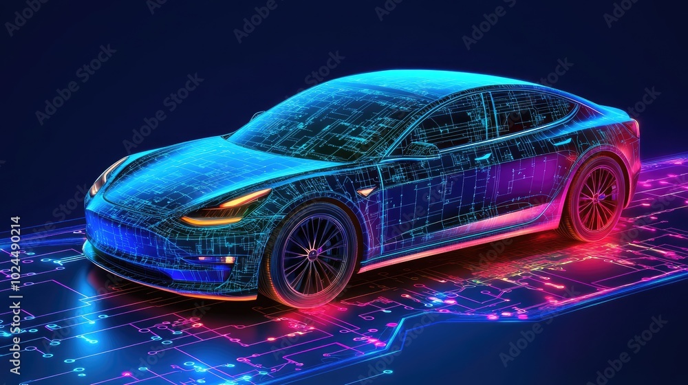 Poster neon lights reflecting off a futuristic car on a glowing circuit board, representing the integration
