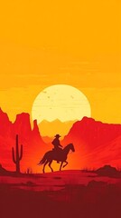 Naklejka premium A flat vector illustration of a cowboy riding a horse in a desert landscape, with a sunset in the background