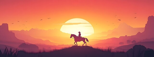 A flat vector illustration of a cowboy riding a horse in a desert landscape, with a sunset in the background