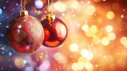 Fototapeta premium Festive Christmas Ornaments Hanging on Blurred Lights Background